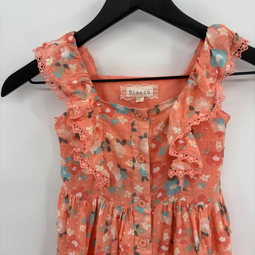 btween Girls Peach Floral Swiss Dot Ruffle Button Front‎ Tiered Dress Size 5